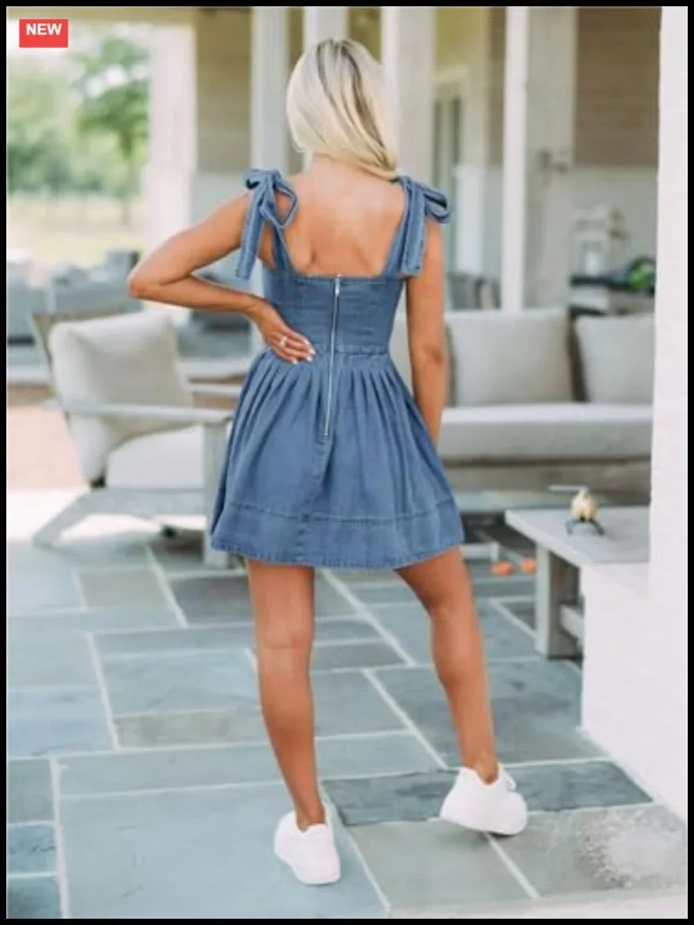 Tie Shoulder Sleeveless Denim Mini Dress Casual Flowy Swing Pleated - Picture 4 of 4